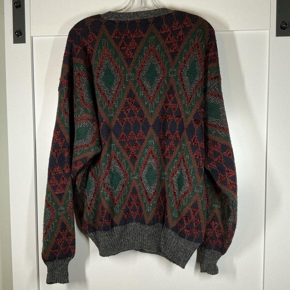VTG Sears Roebuck Co Knit Cardigan Sweater L Gray Argyle Wool Blend 80s Grandpa - Picture 2 of 4
